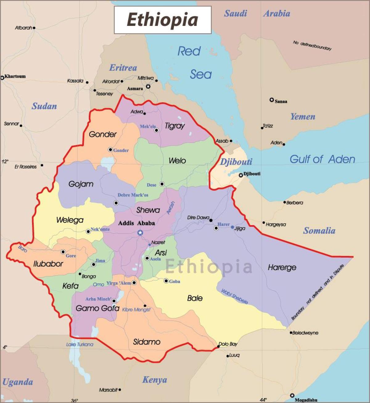 Etiopia mappa con le città